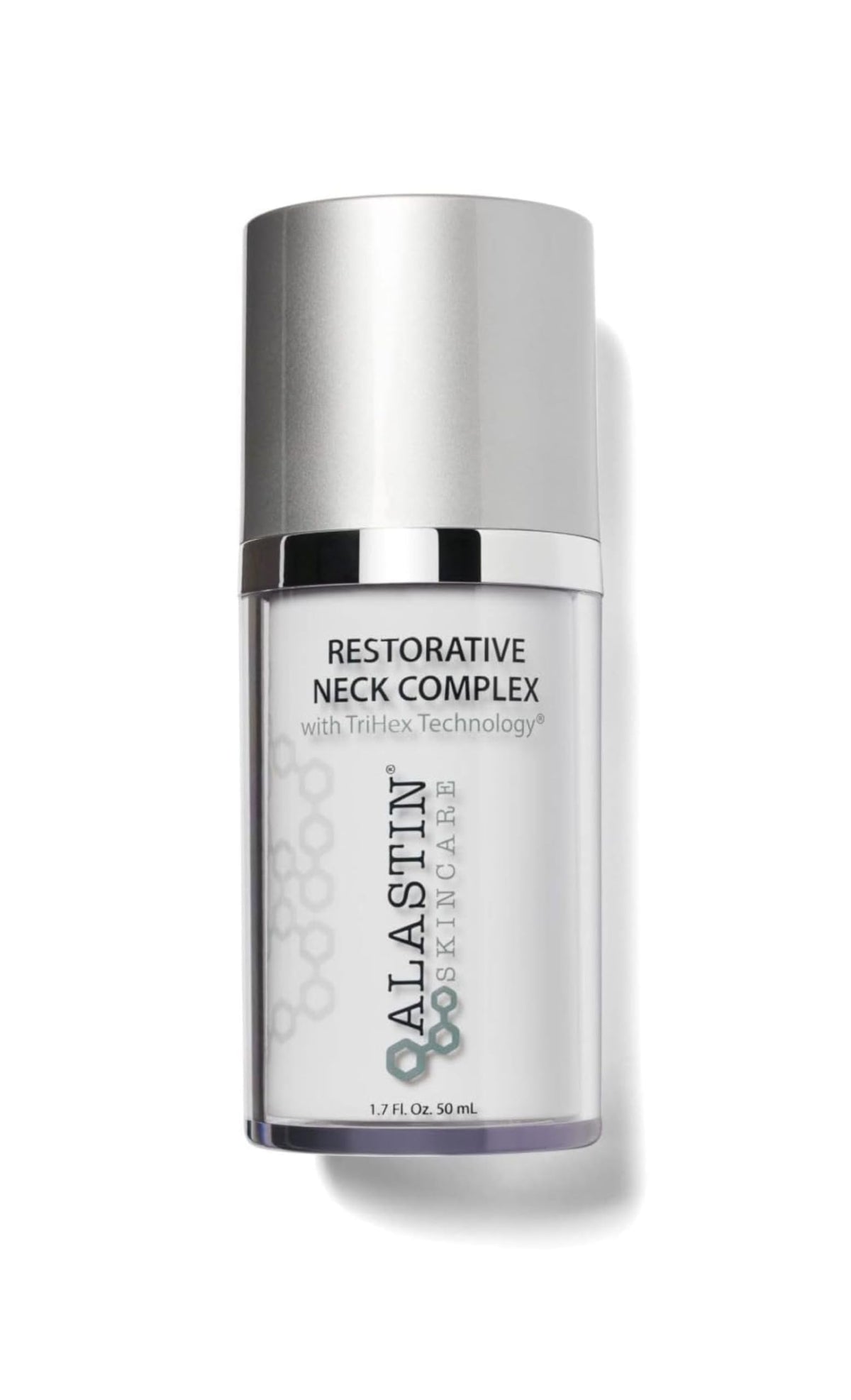 ALASTIN Restorative Neck Complex bottle close-up showing a hydrating formula for neck skin support.