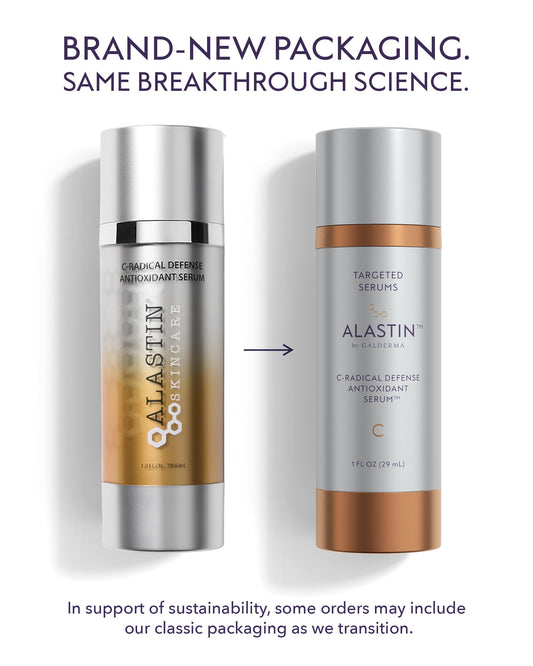 Close-up of ALASTIN C-RADICAL Defense Serum packaging highlighting the encapsulated vitamin C formula.