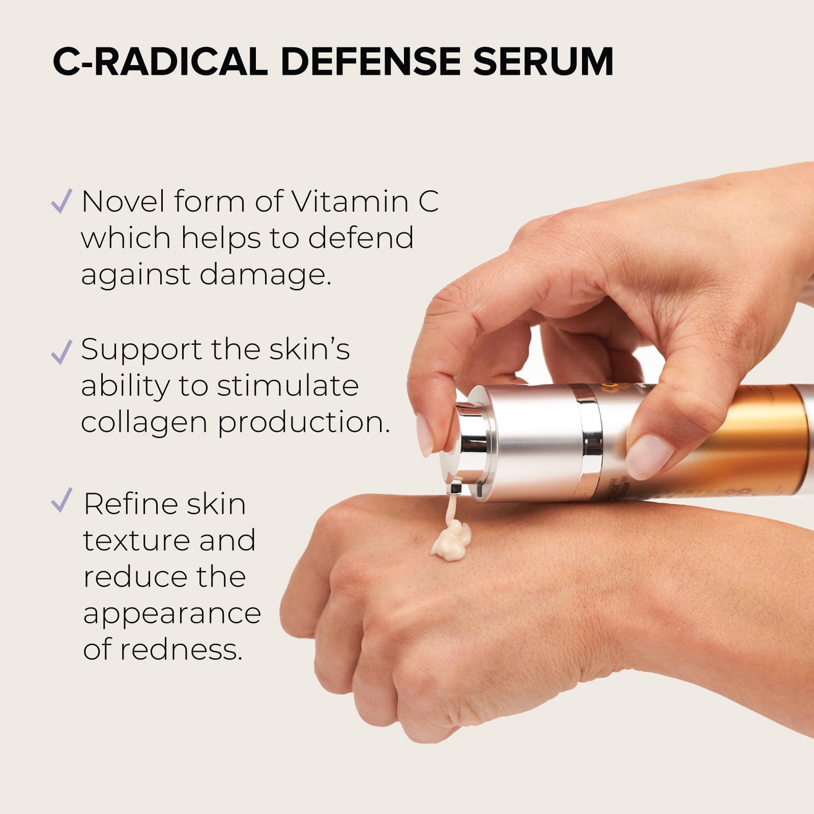 Pump-action bottle of ALASTIN C-RADICAL Defense Serum ready for easy daily use.