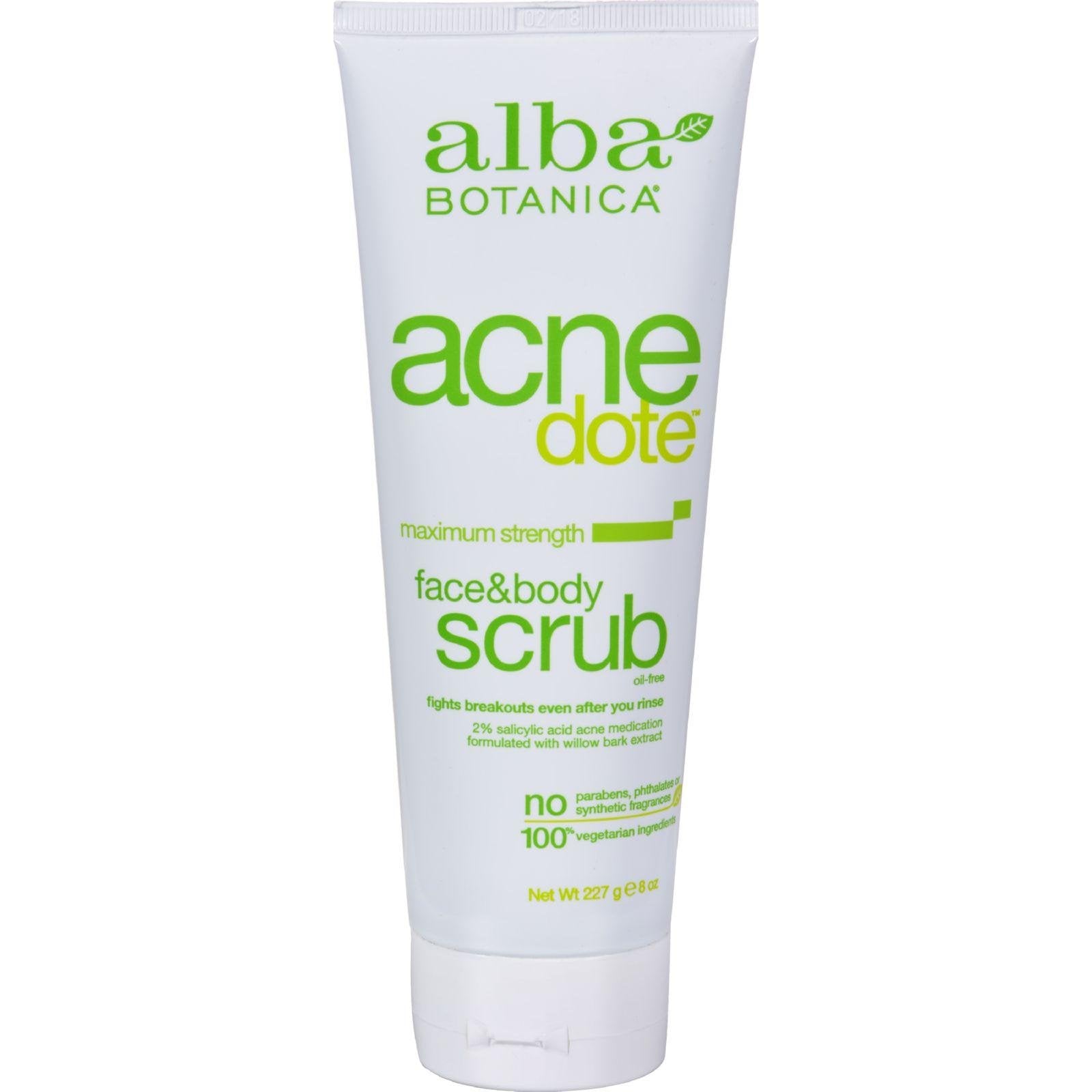 Alba Botanica Acnedote Face and Body Scrub for gentle exfoliation and refreshed skin.