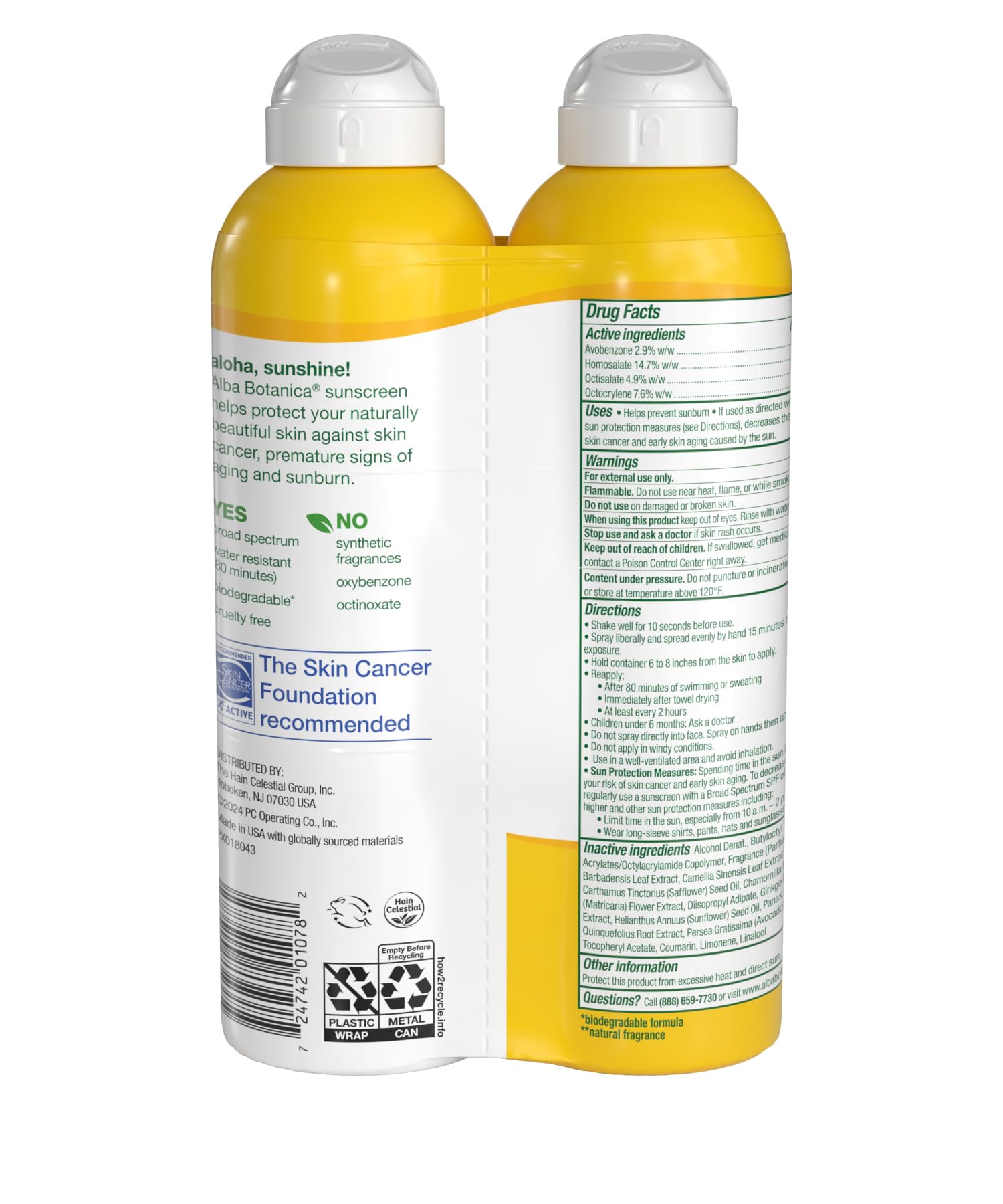 Alba Botanica sunscreen spray applied at an angle for convenient, even coverage.