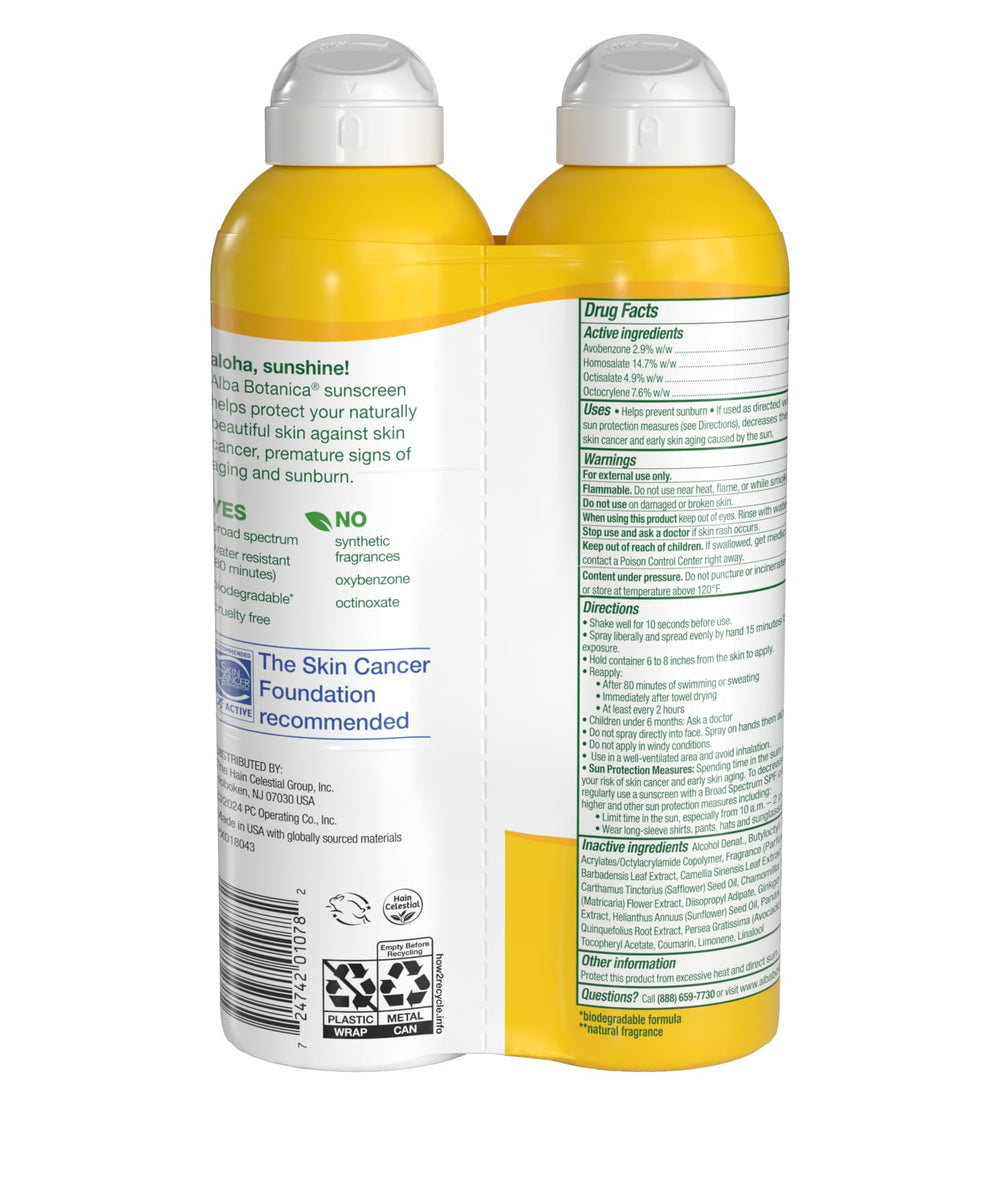 Alba Botanica sunscreen spray applied at an angle for convenient, even coverage.