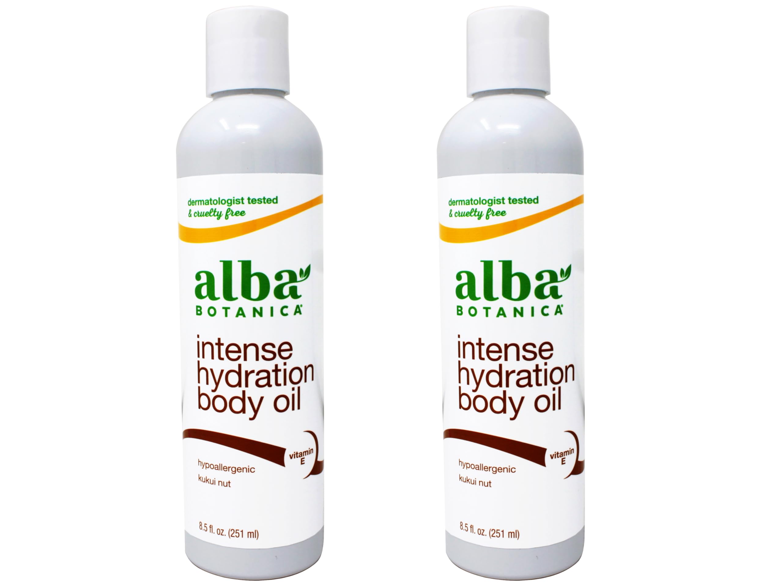 Alba Botanica kukui nut body oil two-pack bottles on display for island hydration.