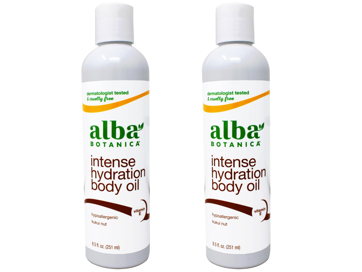 Alba Botanica kukui nut body oil two-pack bottles on display for island hydration.