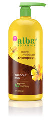 Alba Botanica More Moisture Coconut Milk Shampoo bottle showing the product on a clean counter, hydrating-care focus