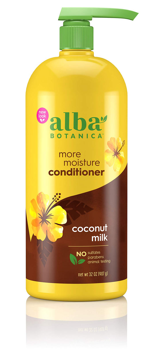 Alba Botanica More Moisture Conditioner bottle with coconut milk for dry hair nourishment.