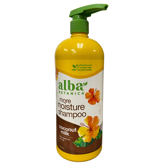 Alba Botanica More Moisture Shampoo bottle with coconut milk hydrates dry hair