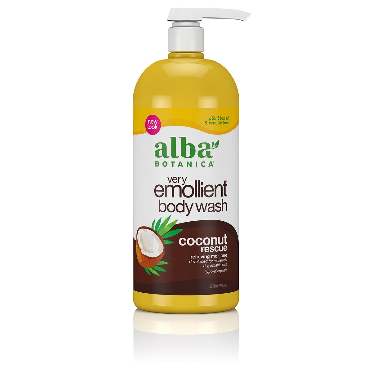 Alba Botanica Very Emollient Coconut Rescue bottle pour showing the creamy cleanse