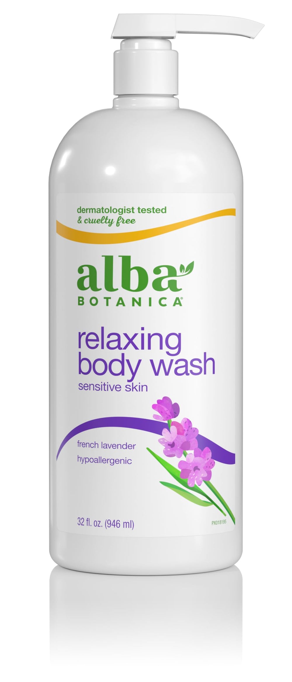 Alba Botanica Very Emollient French Lavender bottle pour for calming cleanse.