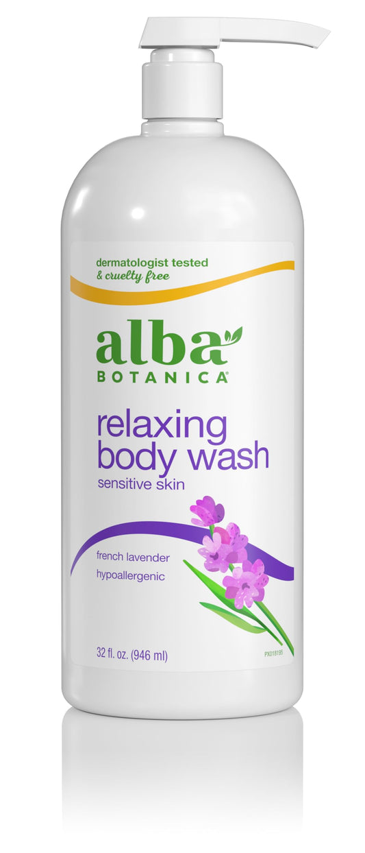 Alba Botanica Very Emollient French Lavender bottle pour for calming cleanse.