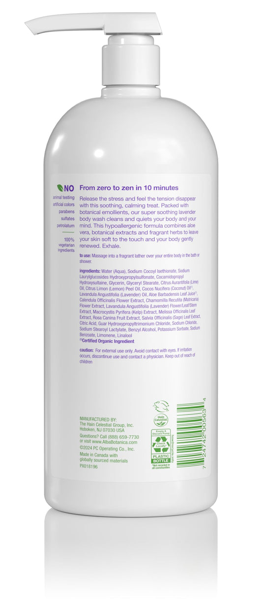 Alba Botanica Very Emollient French Lavender rich-lather bottle close-up for hydration.
