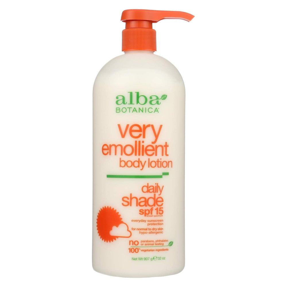 Alba Botanica Very Emollient Lotion bottle with SPF 15 for daily moisture.