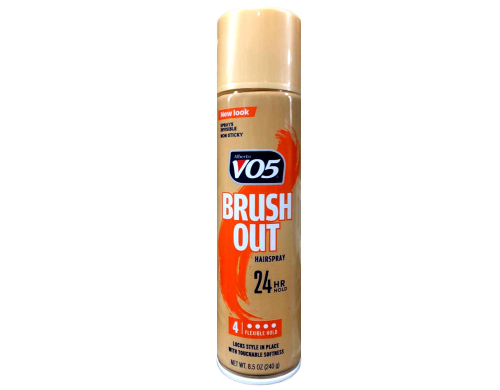 Alberto VO5 Brush Out Hairspray nozzle spray demonstrates fast-drying, invisible finish.