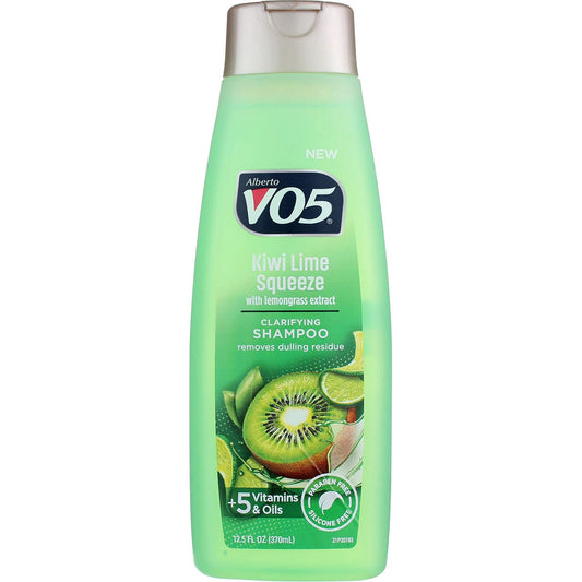 Alberto VO5 Kiwi Lime Squeeze shampoo bottle side showing easy cleansing.