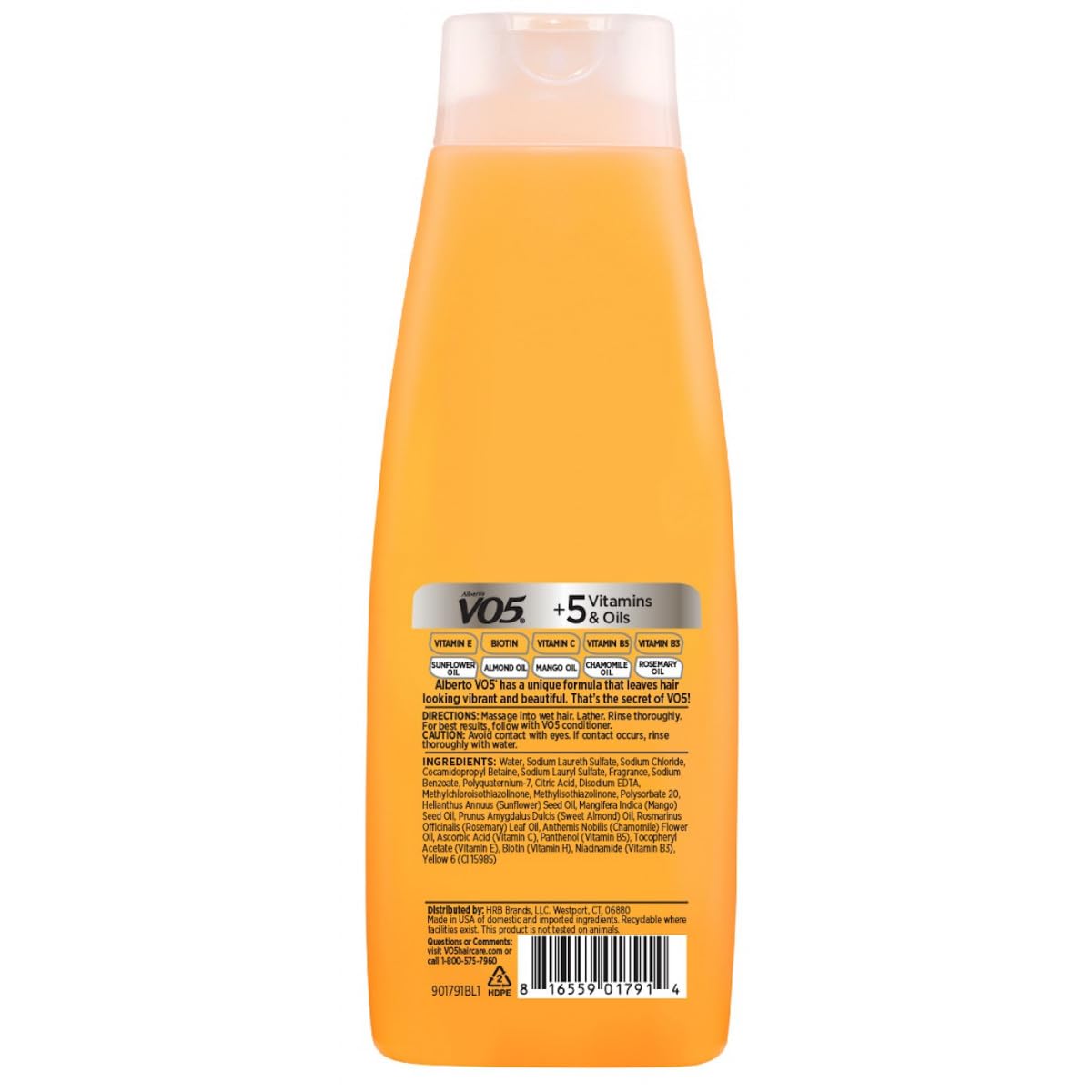 Alberto VO5 Daily Revitalizing Shampoo bottle back label highlights five vitamins.