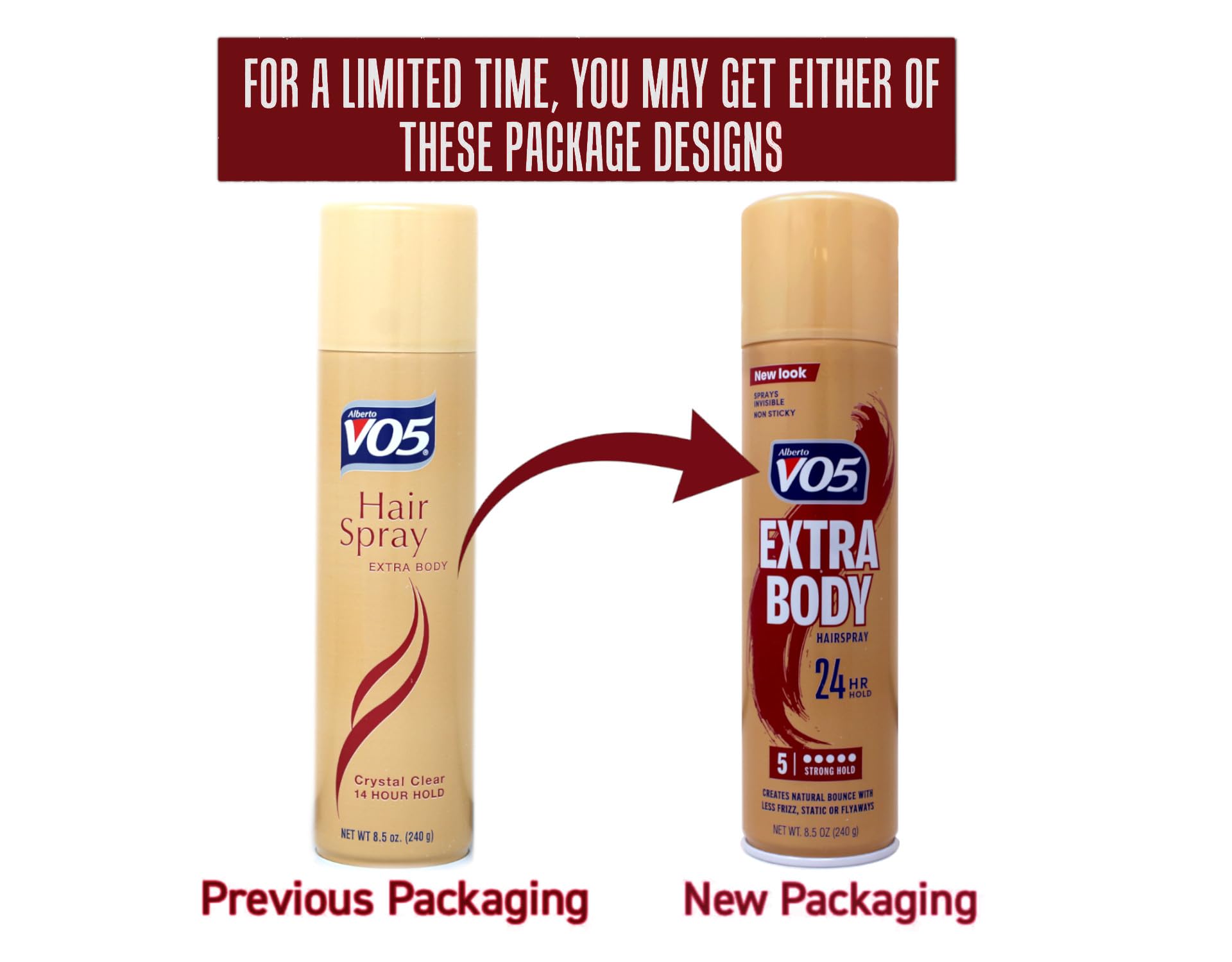 VO5 Extra Body hairspray delivers a crystal-clear finish for natural shine.
