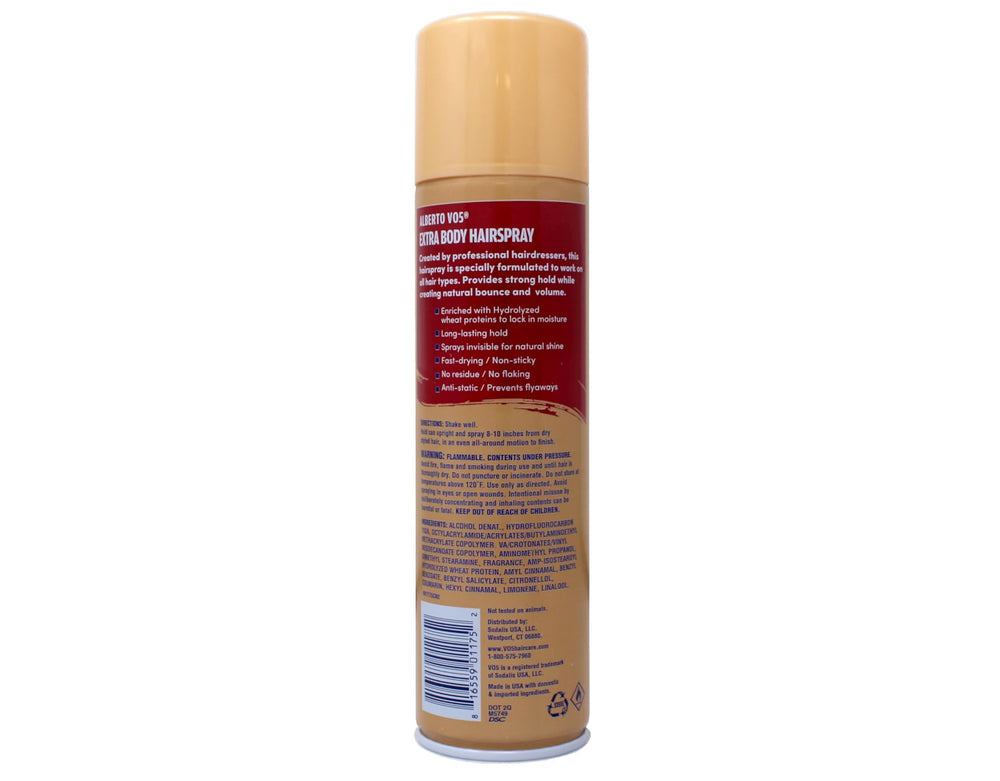 Pack of four Alberto VO5 Hairspray on shelf for value.