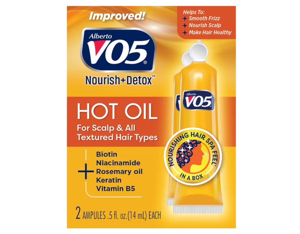 VO5 hot oil treatment packs on a shelf for quick hair moisture.