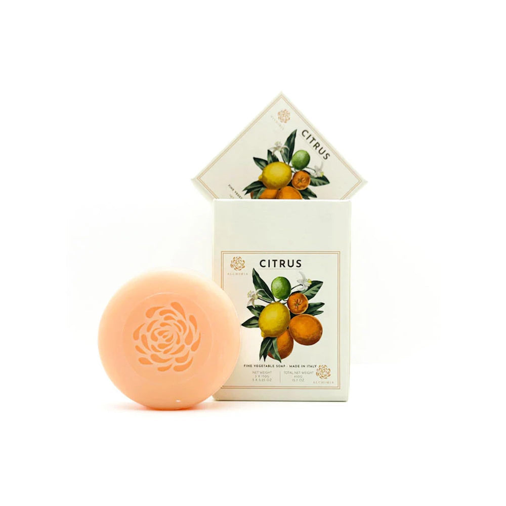 Alchimia gift box with three citrus soap bars for gifting and daily pampering
