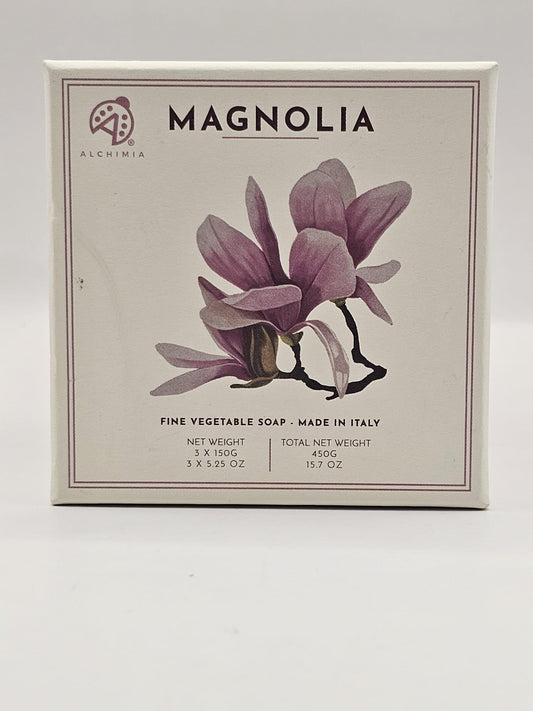 Alchimia Magnolia soap bar closeup highlights creamy texture and magnolia scent.