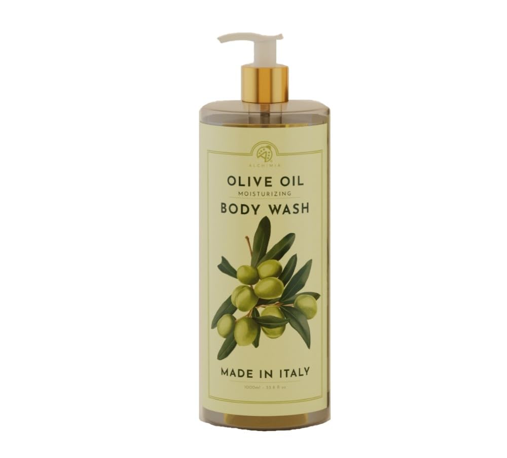Alchimia Olive Oil Moisturizing Body Wash bottle shows rich hydration for daily use.