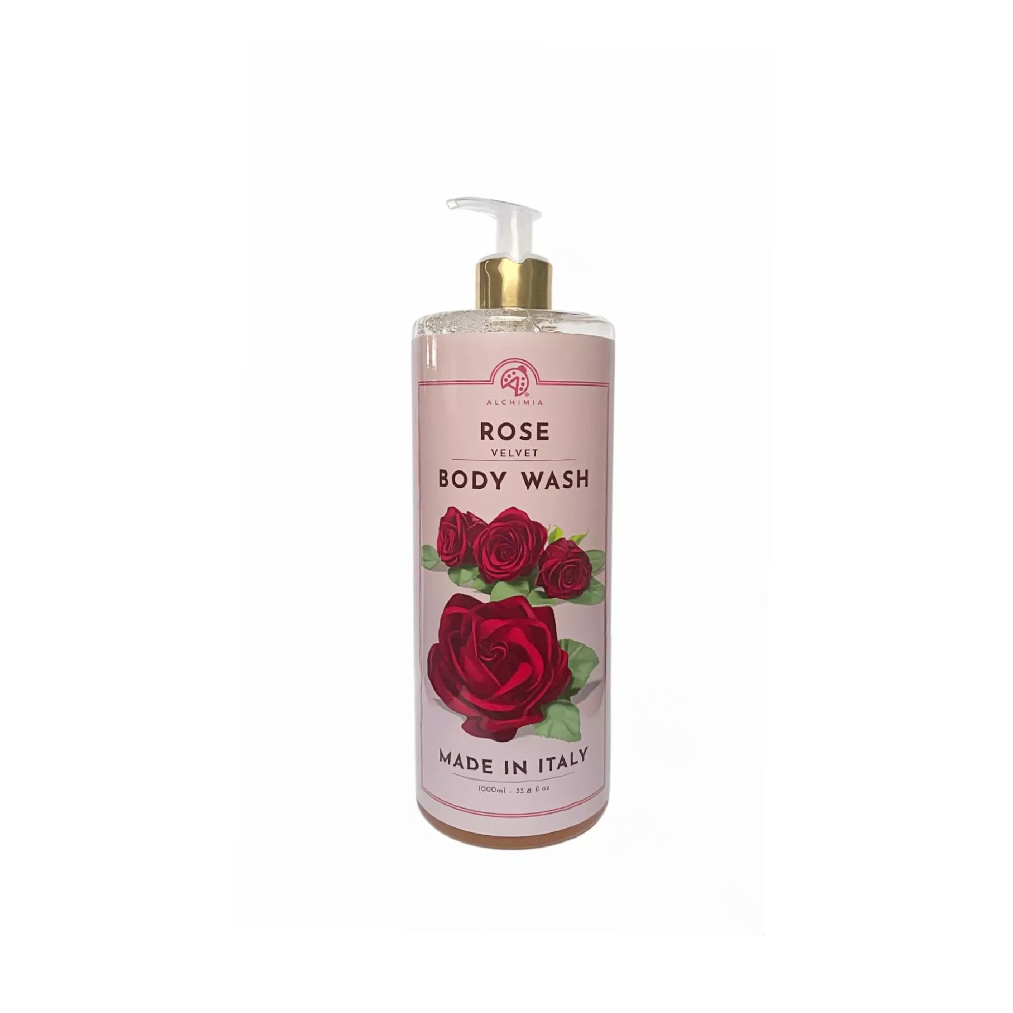 Alchimia Rose Moisturizing Body Wash bottle showing Italian craftsmanship and gentle cleansing
