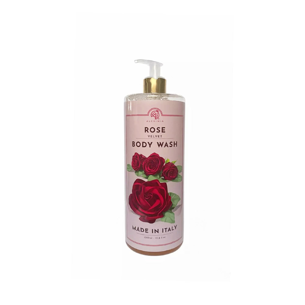 Alchimia Rose Moisturizing Body Wash bottle showing Italian craftsmanship and gentle cleansing