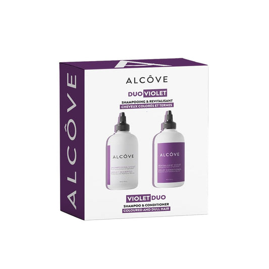 Alcove Violet Shampoo bottle pour neutralizing yellow tones for cooler blonde hues.