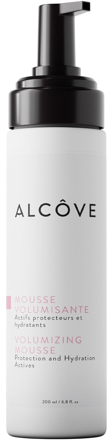 Alcôve Volumizing Mousse bottle promotes lightweight volume for fine hair.