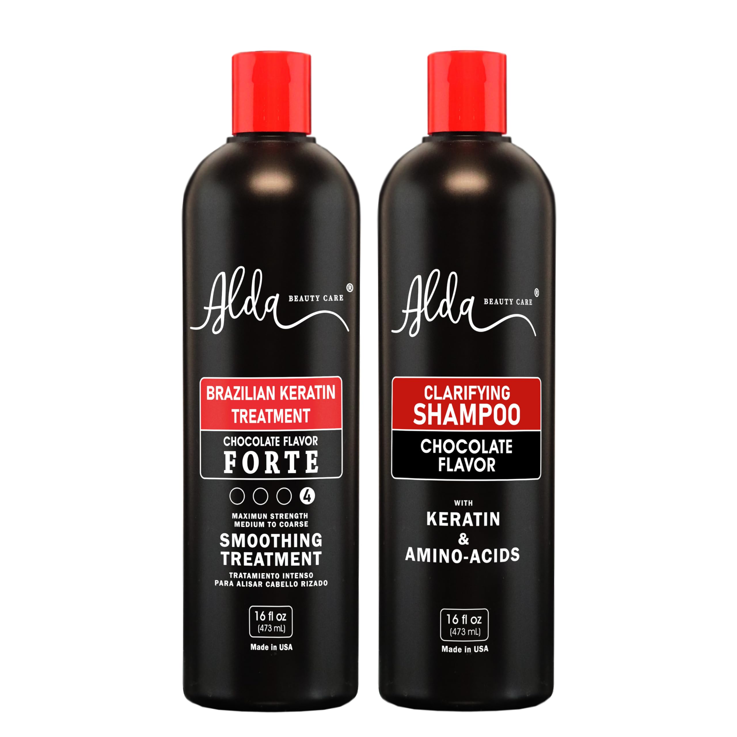Alda Beauty Care Chocolate Brazilian Keratin Treatment bottle promotes frizz control and shine.