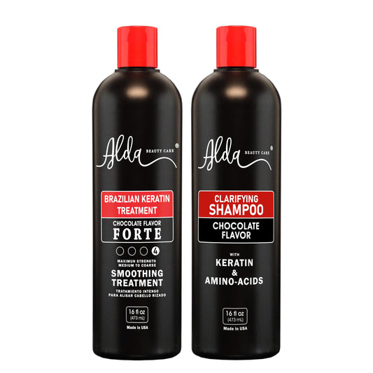 Alda Beauty Care Chocolate Brazilian Keratin Treatment bottle promotes frizz control and shine.