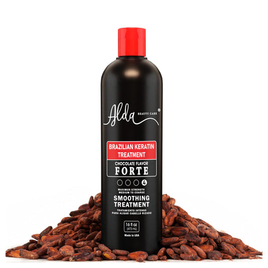 Alda Beauty Care chocolate keratin treatment bottle for smoothing and shine.