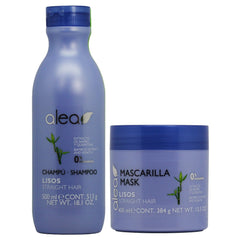 Alea Straight Hair Shampoo and Mask Set bottle display promoting smooth, manageable hair