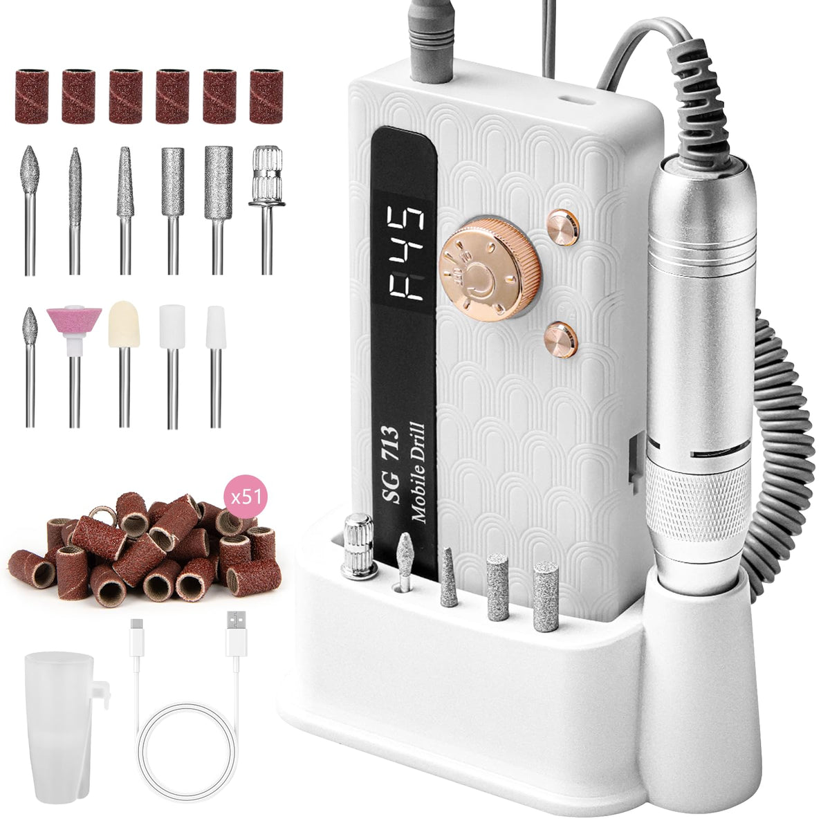 Aleanu electric nail file with LED screen base for organized professional nail prep.