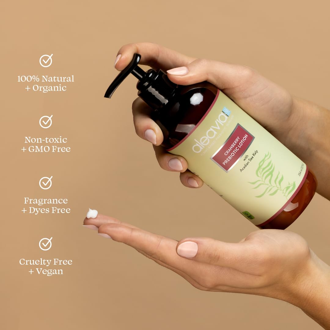 Aleavia Cranberry Prebiotic Body Lotion ingredients close-up featuring cranberry oil and prebiotic blend