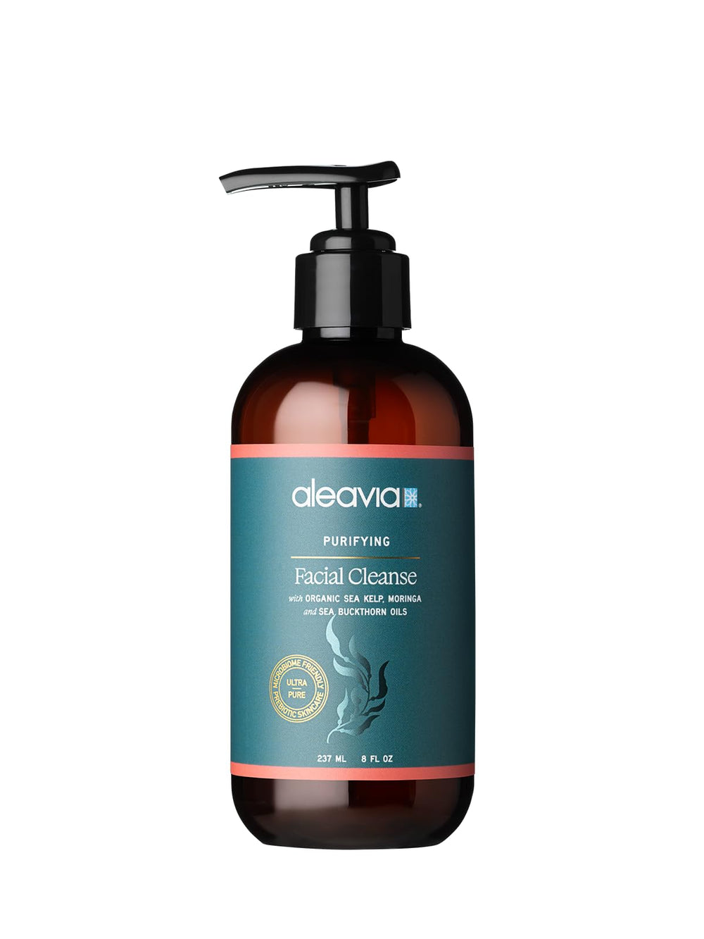 Aleavia Purifying Facial Cleanse bottle pour demonstrates gentle cleansing for refreshed, balanced skin