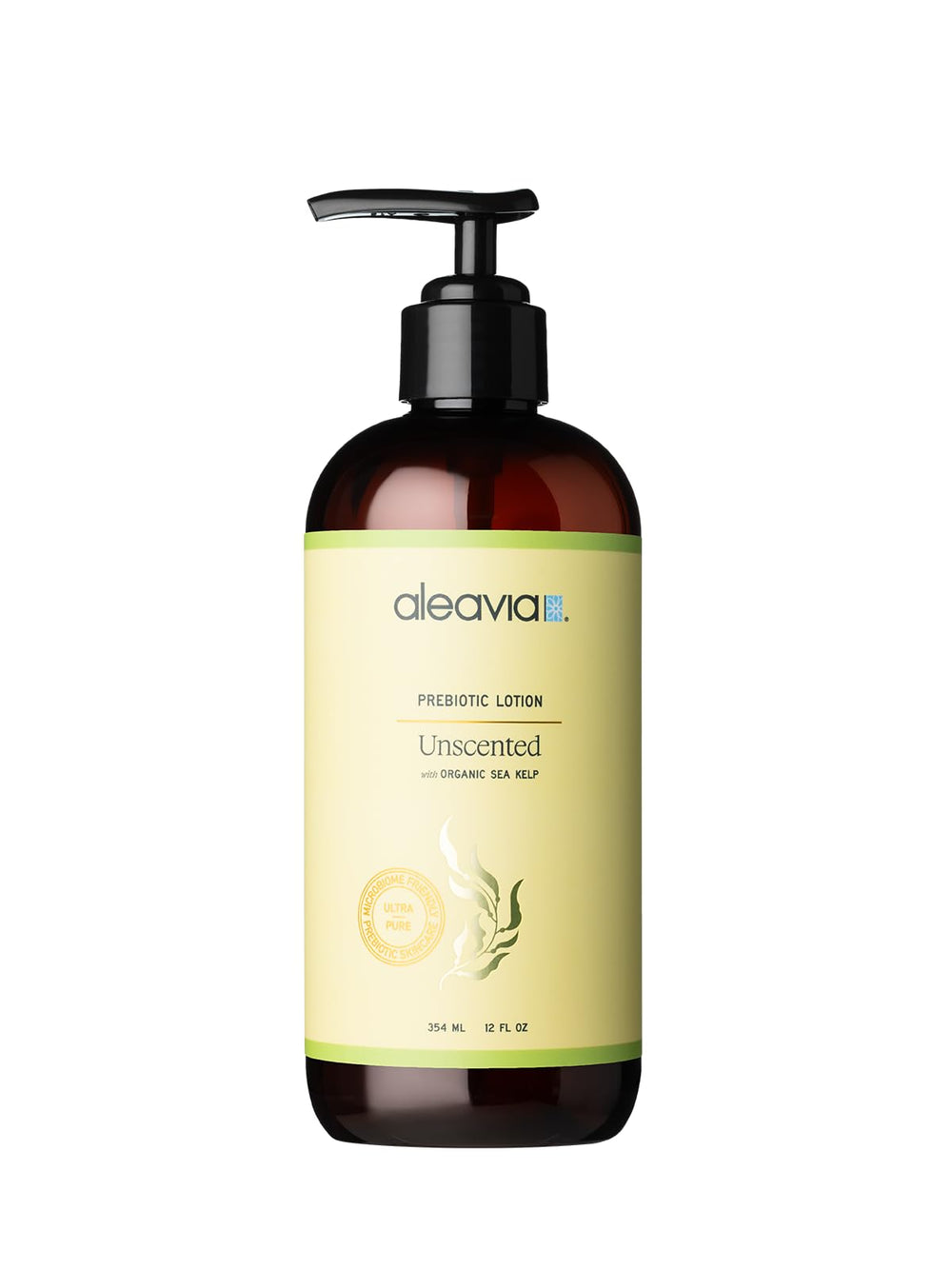 Aleavia Unscented Prebiotic Body Lotion bottle demonstrates fragrance-free hydration for sensitive skin.