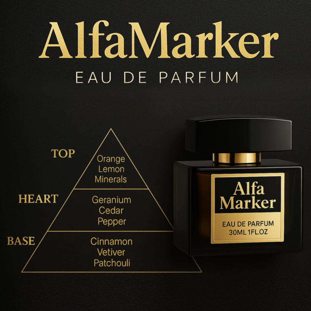 ALFAMARKER bottle displayed on desk with premium branding.