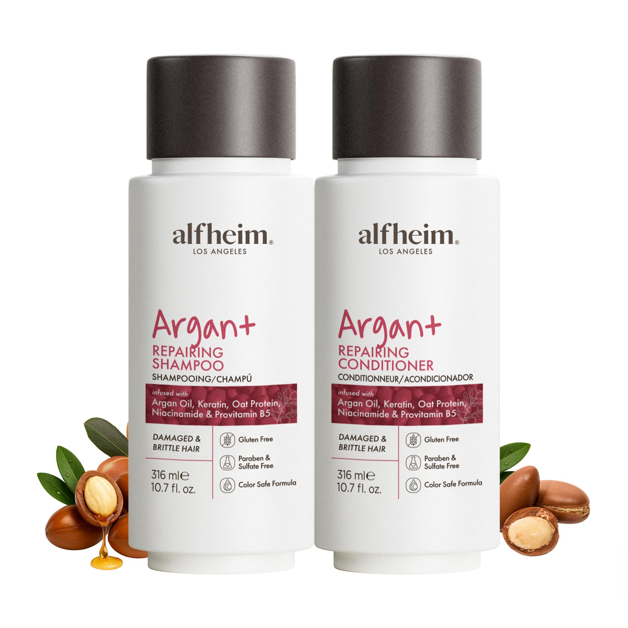 ALFHEIM Argan+ Repairing Shampoo bottle for cleansing dry, damaged hair.
