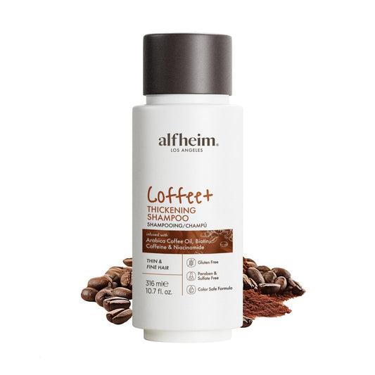 ALFHEIM Coffee+ Shampoo bottle front view highlighting caffeine-powered root care for thicker appearance