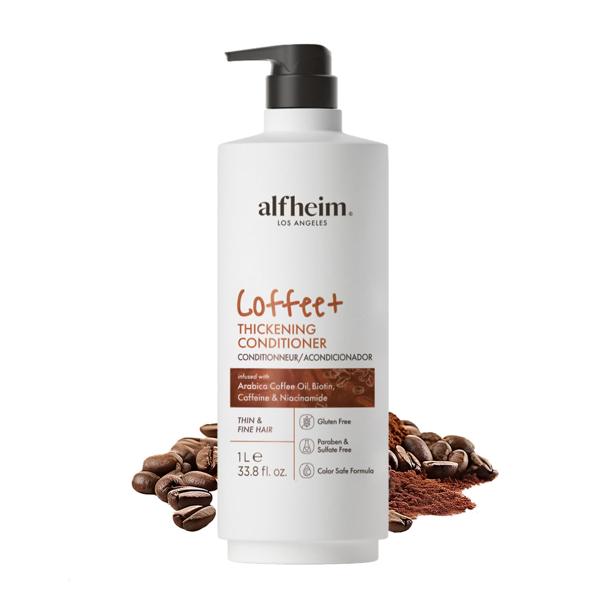 ALFHEIM Coffee+ Thickening Conditioner bottle open for easy dispensing and daily use.