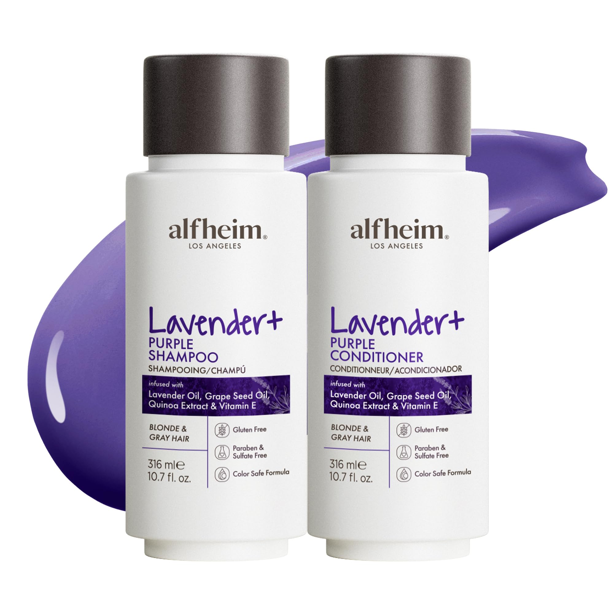ALFHEIM Lavender+ Purple Shampoo bottle for neutralizing brass on blonde and silver hair.