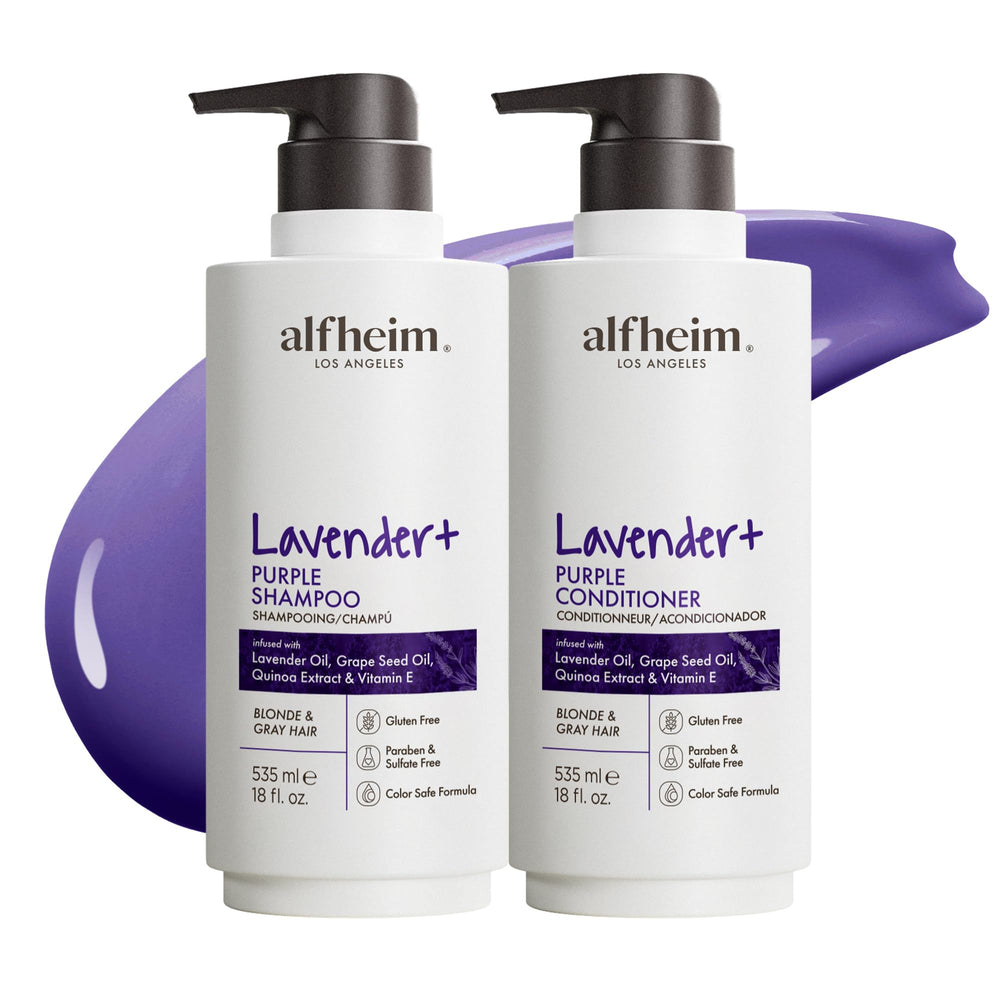 ALFHEIM Lavender Shampoo bottle on a bathroom counter for cool-toned blonde maintenance