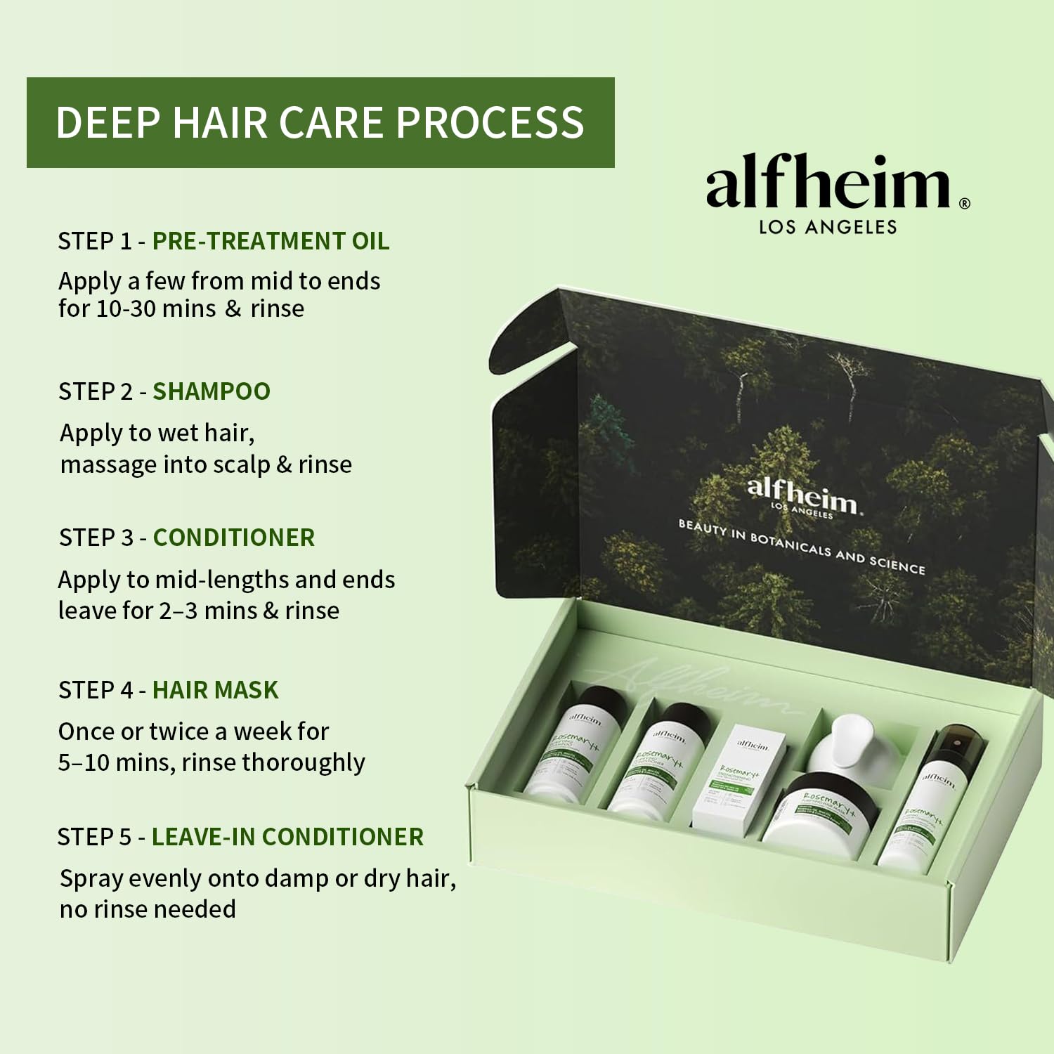 ALFHEIM Rosemary Purifying Leave-in Conditioner spray detangles for weightless softness.
