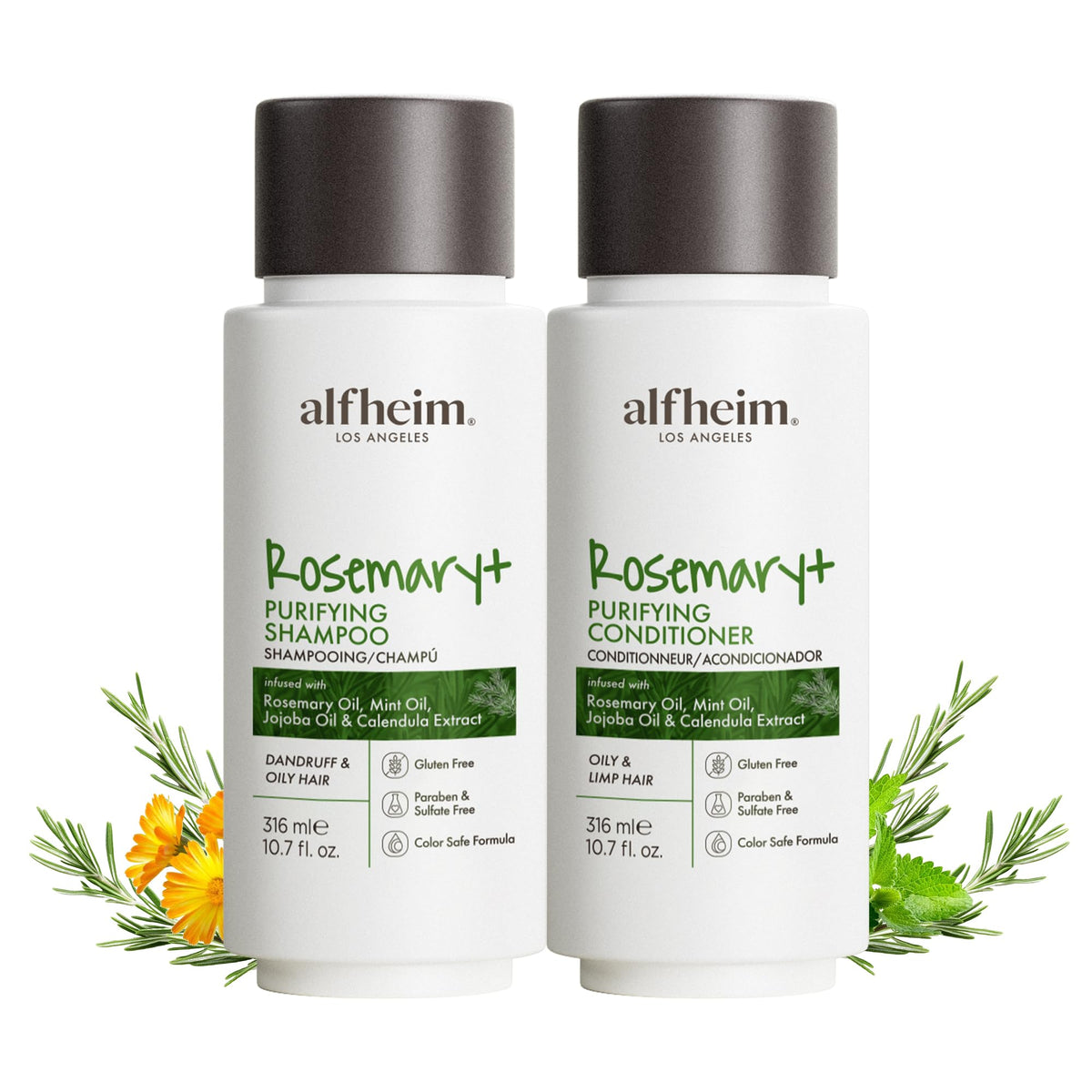 ALFHEIM Rosemary Purifying Shampoo travel-size bottle with refreshing mint aroma for balanced oils.