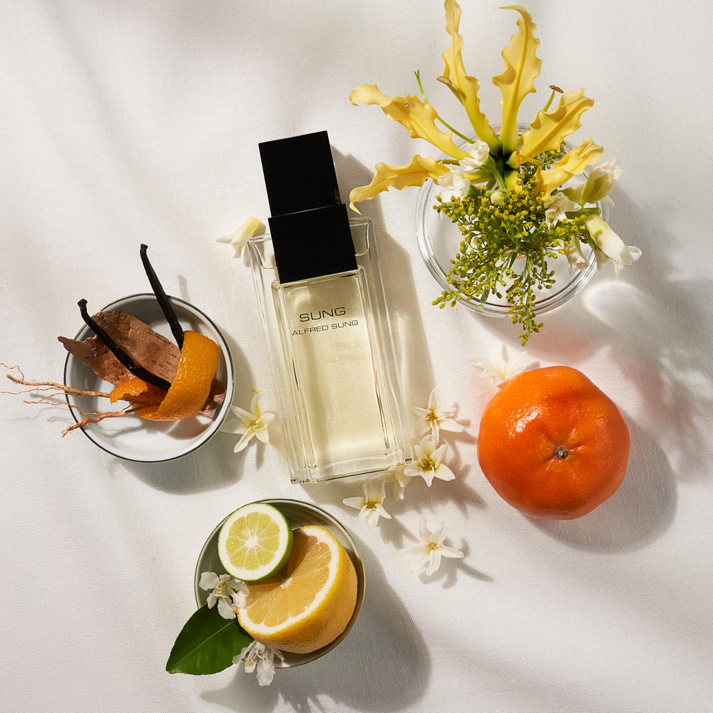 Alfred Sung Sung bottle side profile, modern chic packaging for daily wear.