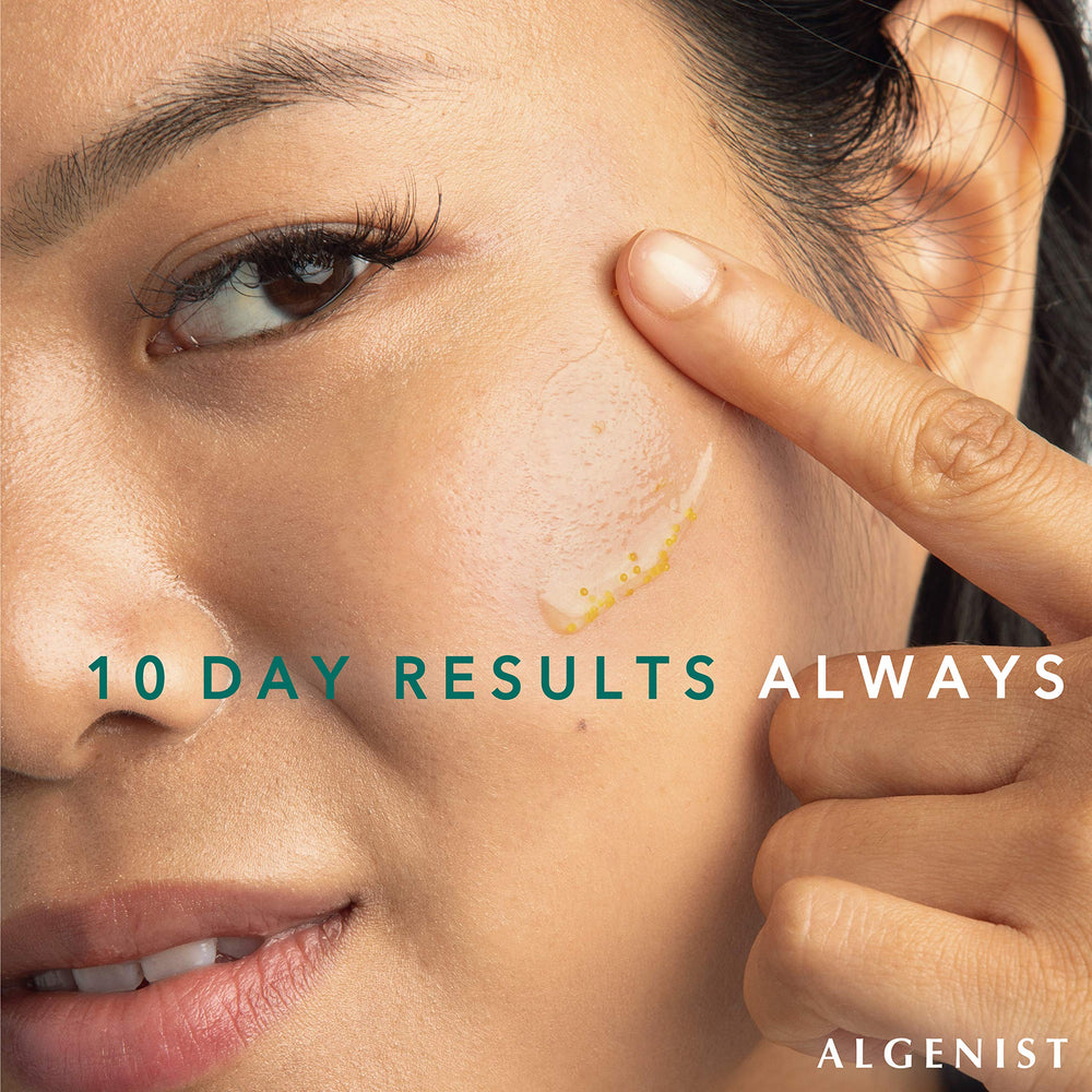 Neck-application shot demonstrates even spread of Algenist Algae Peptide Regenerative Moisturizer.