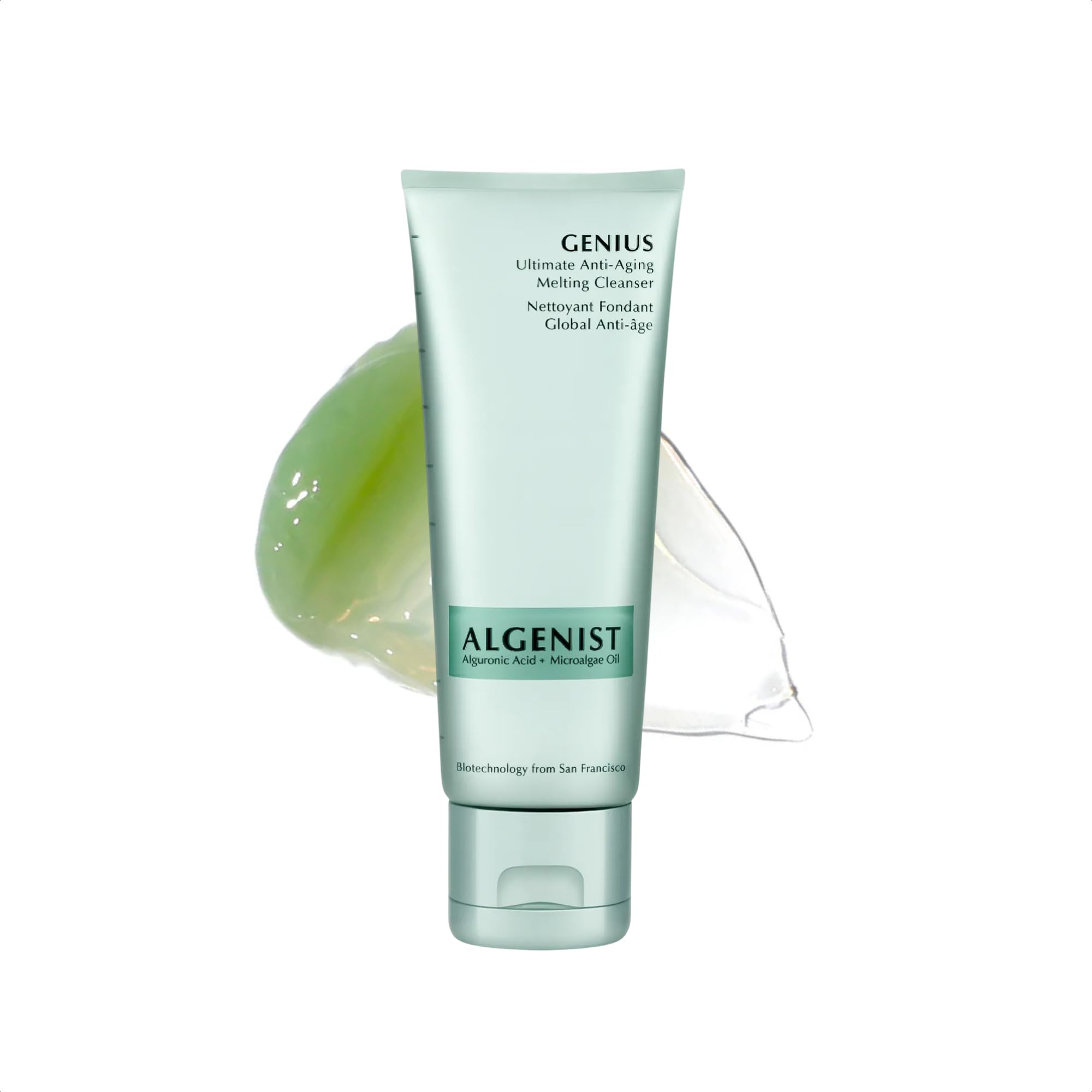 Algenist GENIUS melting cleanser bottle close-up for makeup removal and a luxurious cleansing experience.
