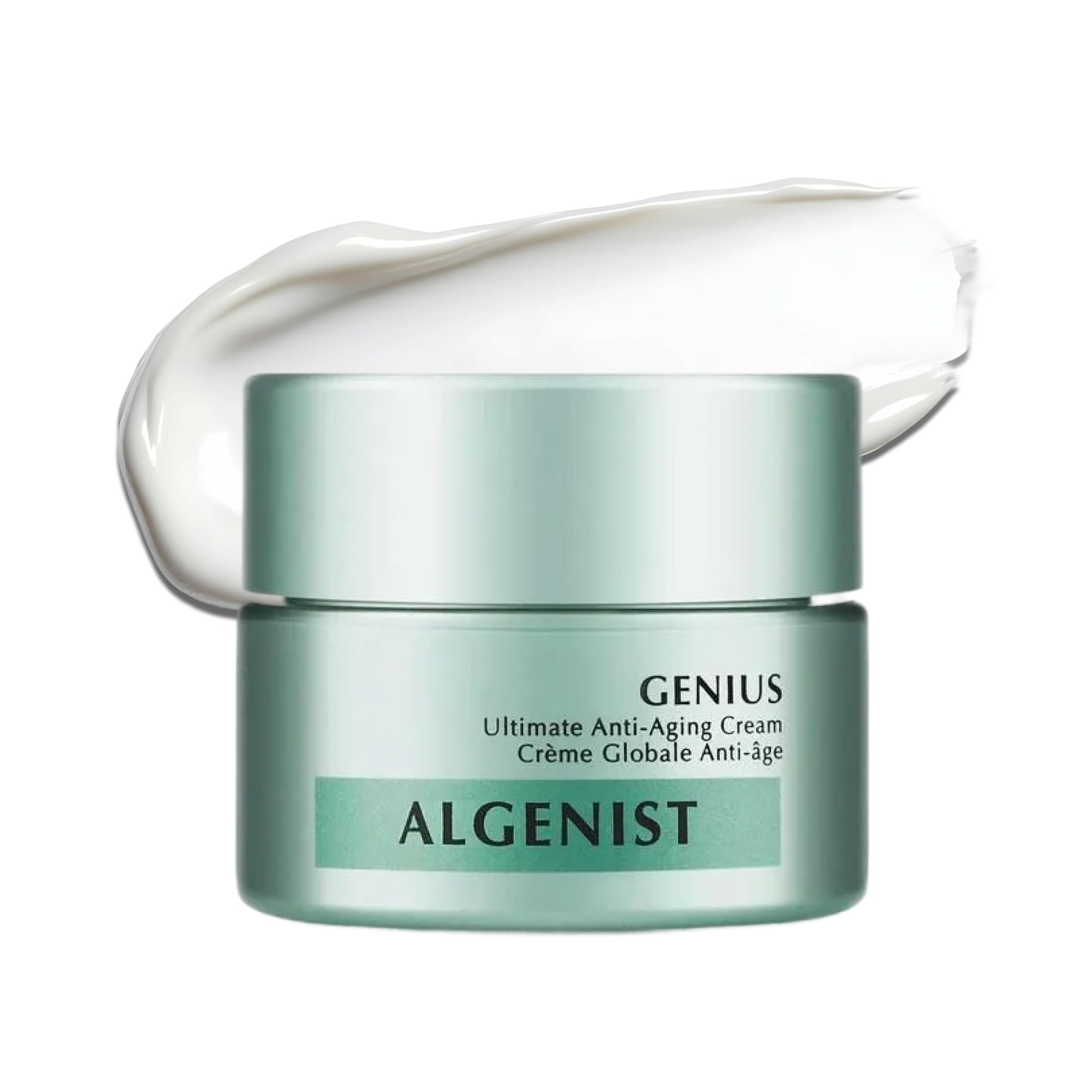 Algenist GENIUS Ultimate Anti-Aging Cream bottle showing premium packaging and luxurious texture.