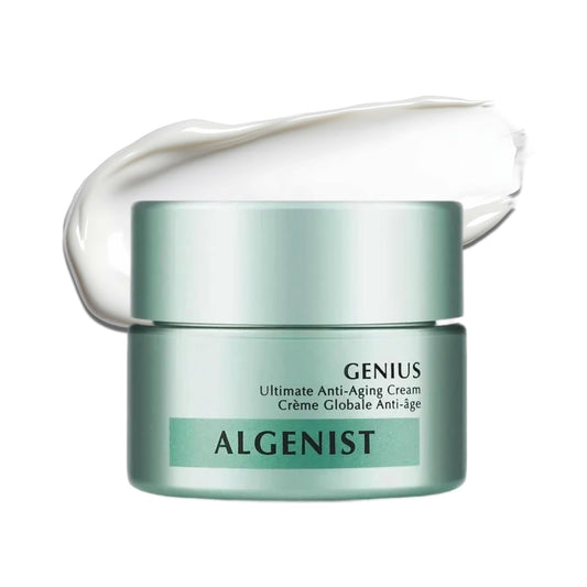 Algenist GENIUS Ultimate Anti-Aging Cream bottle showing premium packaging and luxurious texture.